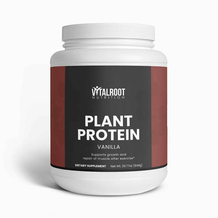 Vitalroot Nutrition Plant Protein Vanilla supplement container on a white background
