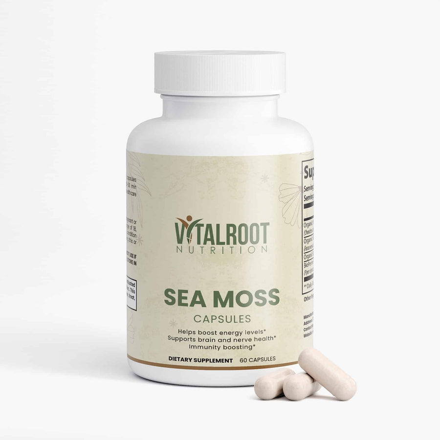 Vitalroot Nutrition Sea Moss capsules on a white background