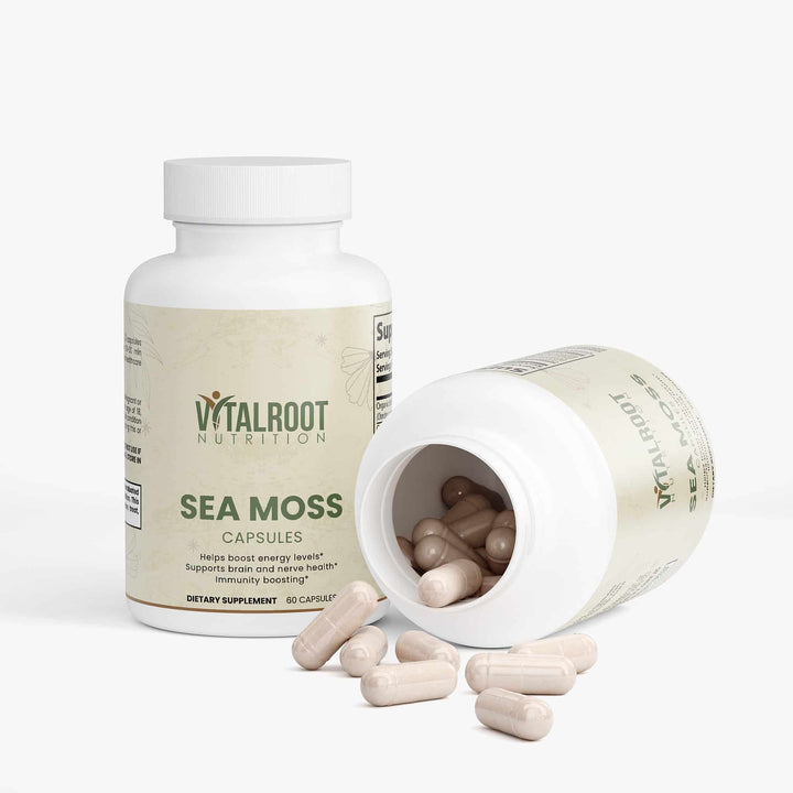 Vitalroot Nutrition Sea Moss capsules on a white background