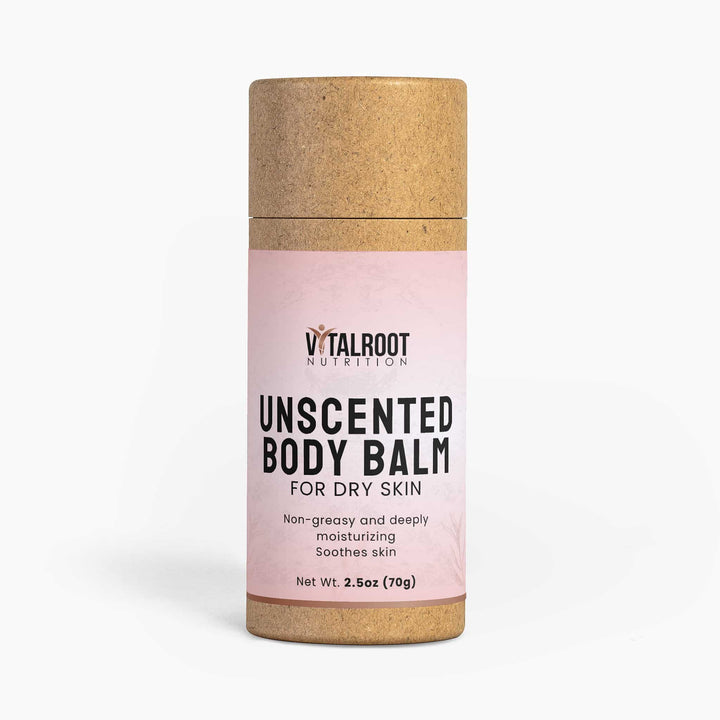 Vitalroot Nutrition unscented body balm for dry skin on a white background