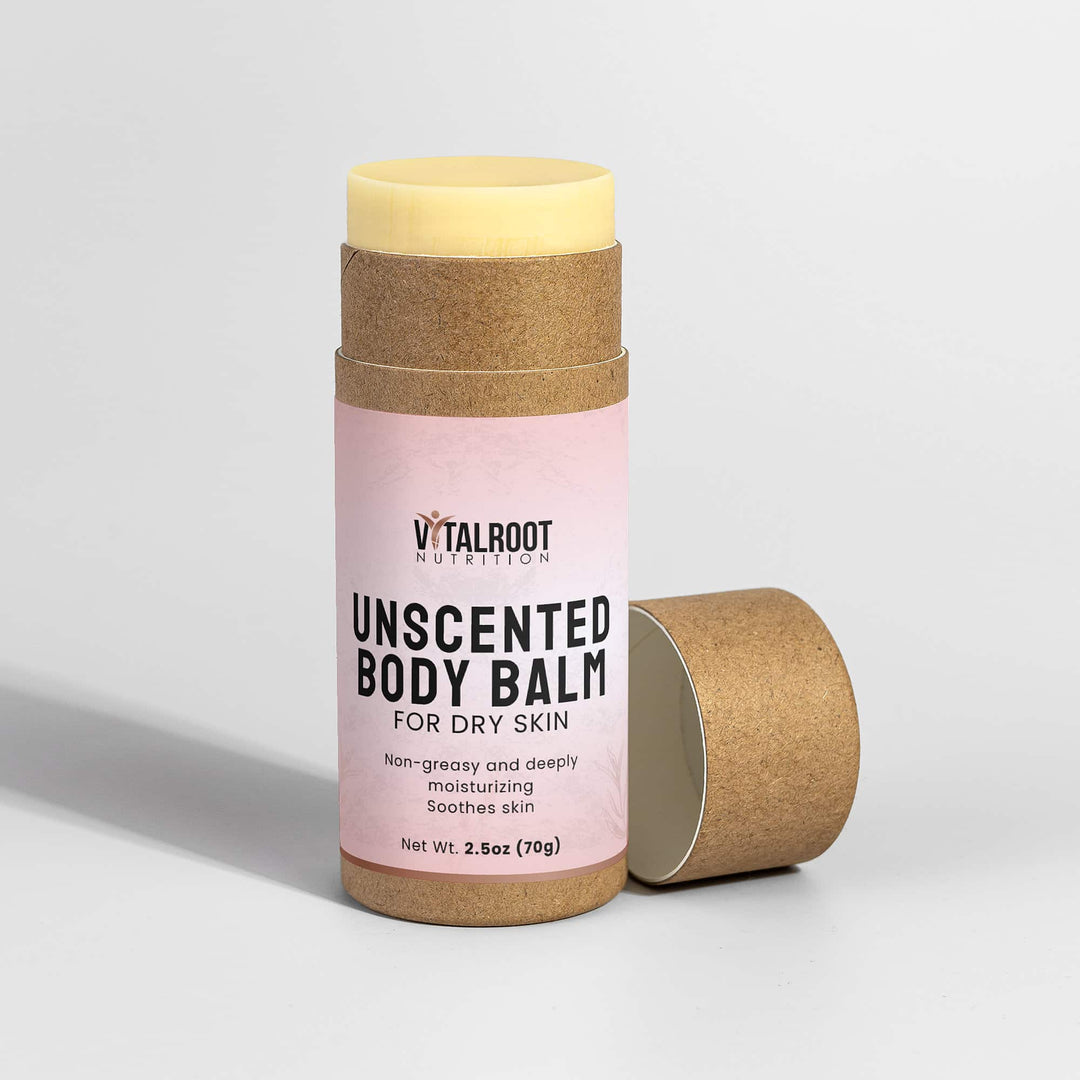 Vitalroot Nutrition unscented body balm for dry skin on a light gray background