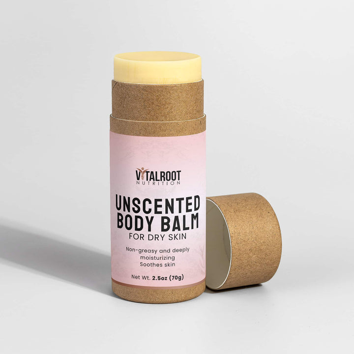 Vitalroot Nutrition unscented body balm for dry skin on a light gray background