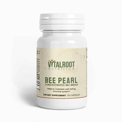 Bee Pearl Concentrated Bee Bread bottle with label showing product name and health benefits.
