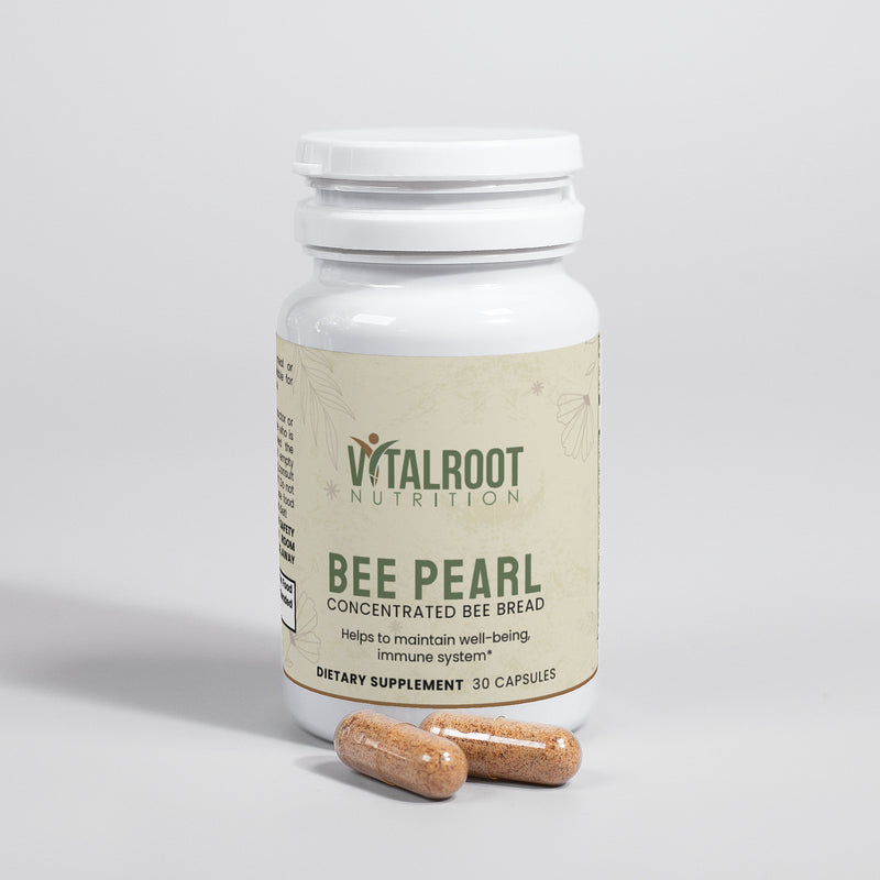 Close up of Bee Pearl bottle with capsules visible next to the bottle.