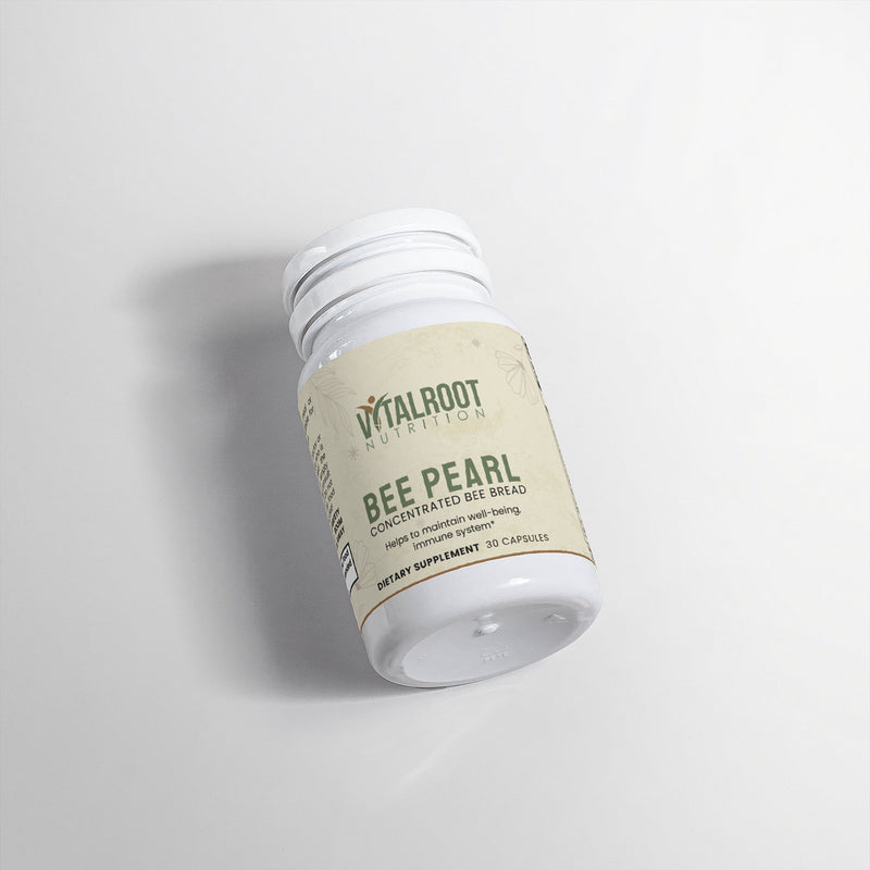 Side view of Bee Pearl bottle with product label showing health benefits and 30 capsules.