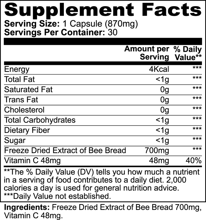 Supplement Facts label for Bee Pearl capsules showing ingredients and nutritional details.