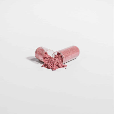 Close up of a Beetroot Capsule opened, with powder spilling out.