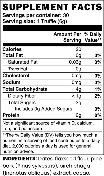 Supplement facts label for Birch Chaga Truffles showing nutritional breakdown.