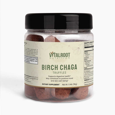Birch Chaga Truffles bottle with label showing nutritional information and product details.