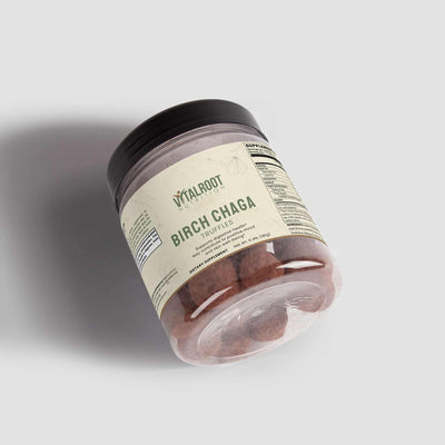 Birch Chaga Truffles jar with a side view showing product label and truffles inside
