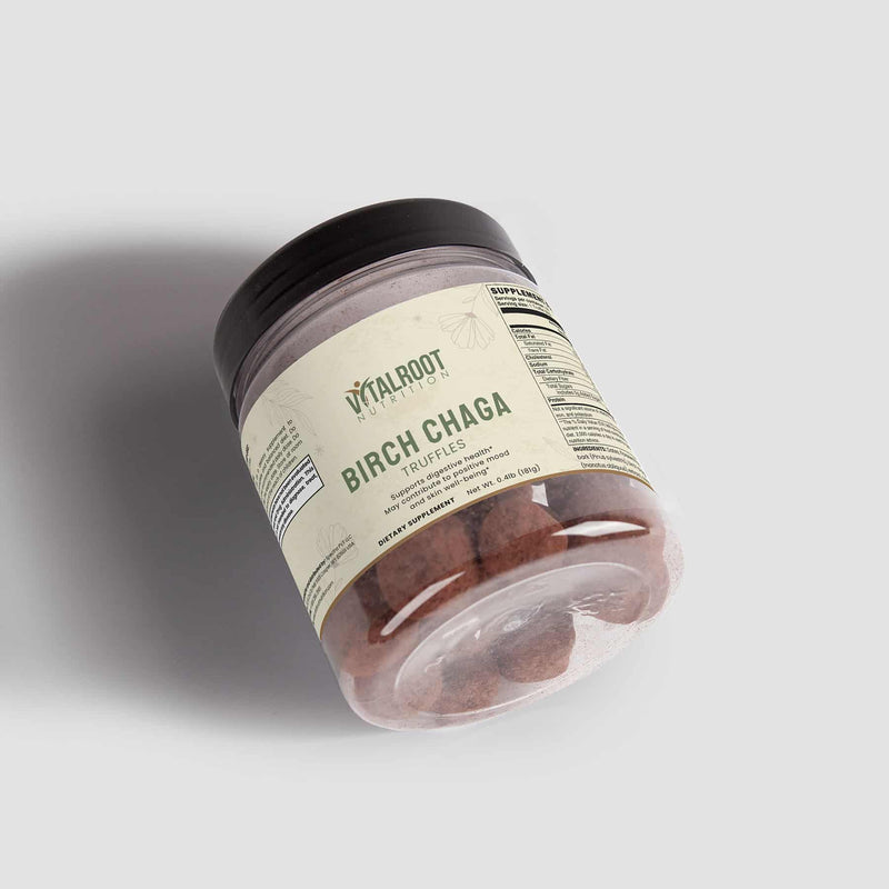 Birch Chaga Truffles jar with a side view showing product label and truffles inside