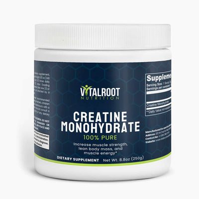 Creatine Monohydrate powder jar with label showing product details and serving size.