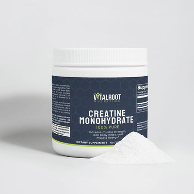 Close up of Creatine Monohydrate jar with powder spilling out and a scoop beside it.