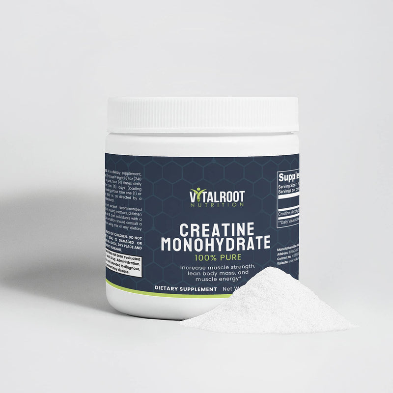 Close up of Creatine Monohydrate jar with powder spilling out and a scoop beside it.