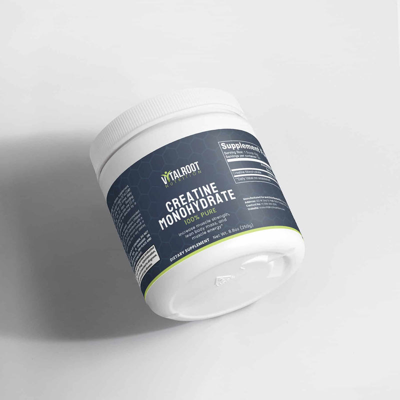 Side view of Creatine Monohydrate jar with visible label showing product information.