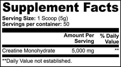 Supplement Facts label for Creatine Monohydrate showing dosage and ingredient breakdown.