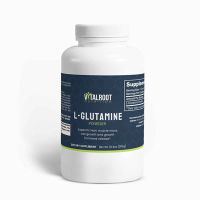 L-Glutamine powder jar with label showing product details and serving size.