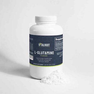 Close-up of L-Glutamine powder jar with powder spilled beside it and visible label.