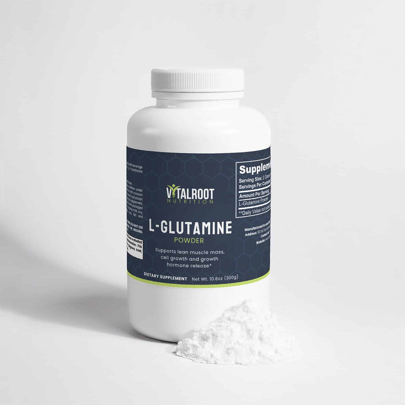 Close-up of L-Glutamine powder jar with powder spilled beside it and visible label.