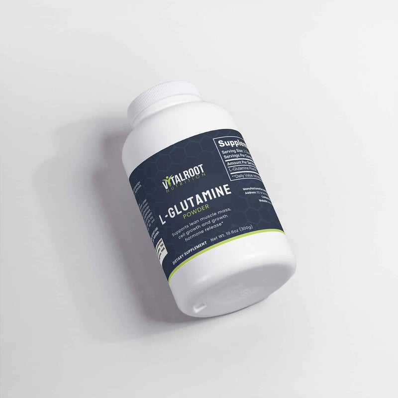 Side view of L-Glutamine powder jar with label showing supplement information.