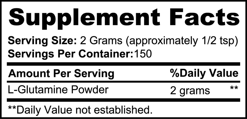 Supplement Facts label for L-Glutamine powder showing serving size and ingredients.