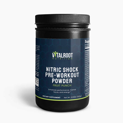 Nitric Shock Pre-Workout Powder bottle with label showing product details and flavor