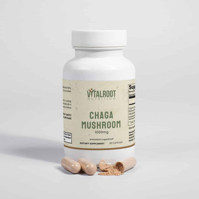 Chaga Mushroom capsules by Vital Root with open bottle showing capsule and powder