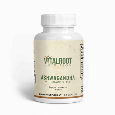 Vital Roots Ashwagandha supplement bottle with 60 capsules for stress relief and overall health	