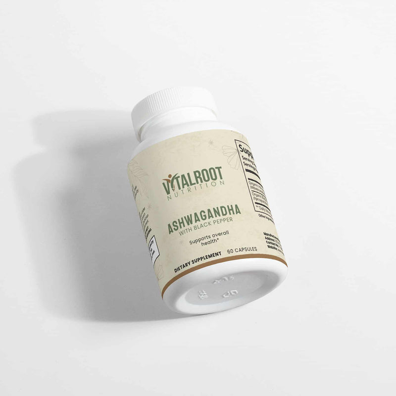 Angled view of Vital Roots Ashwagandha bottle showing natural supplement for stress and immunity support	