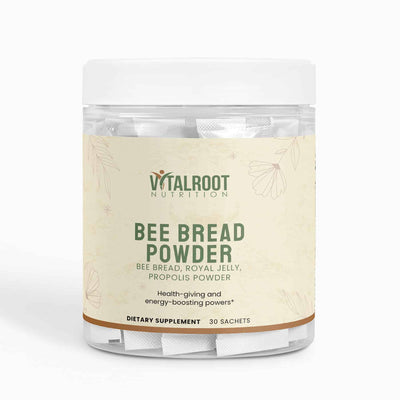 Vital Roots Bee Bread Powder supplement jar with 30 sachets, featuring bee bread, royal jelly, and propolis powder for energy and wellness