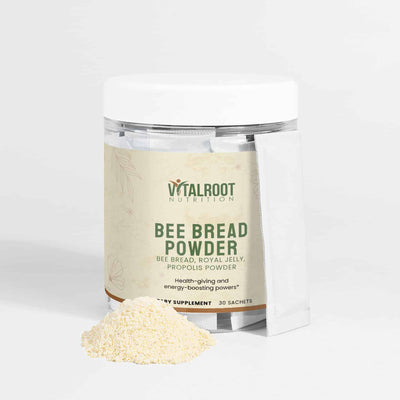 Vital Roots Bee Bread Powder supplement with sachets and powder displayed in front of the jar, featuring bee bread, royal jelly, and propolis for energy support