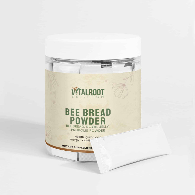 Bee Bread Powder jar by Vital Roots with a single sachet placed in front, showing clean and portable design