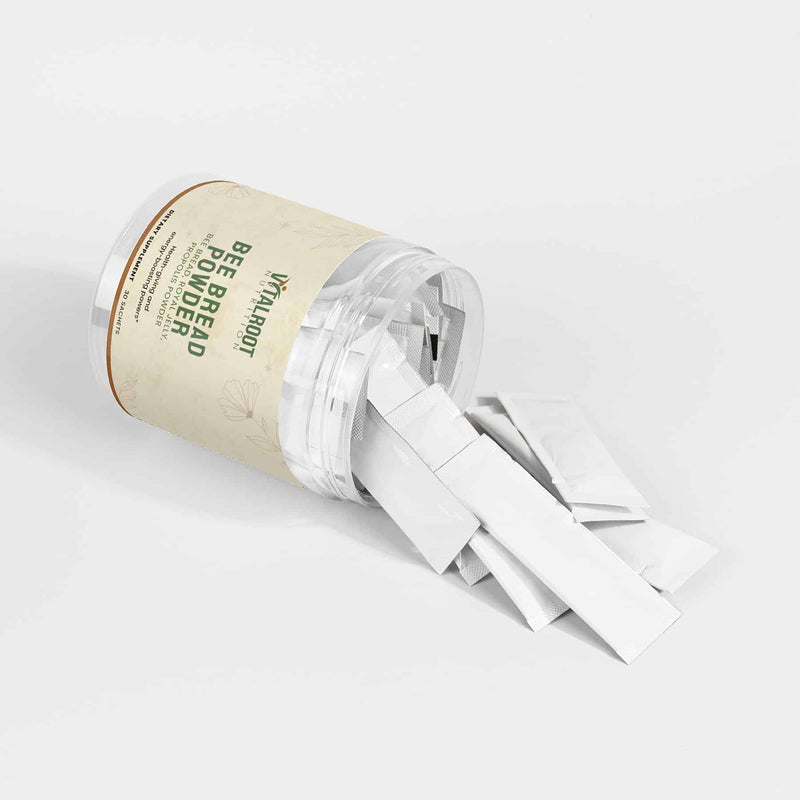 Vital Roots Bee Bread Powder jar tipped on side with sachets spilling out, showcasing packaging quantity and style