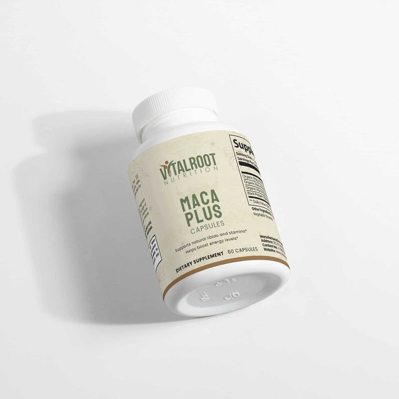 Vital Roots Maca Plus bottle angled on side, showing clean label design and energy formula