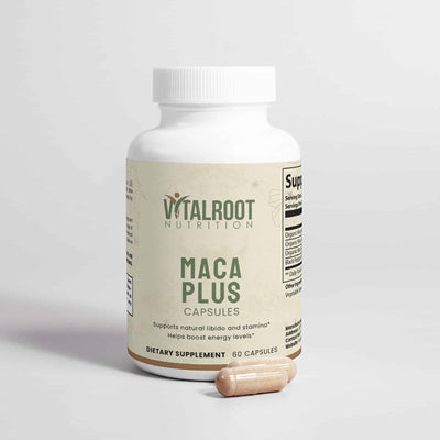 Maca Plus Capsules from Vital Roots with two capsule in front of the bottle, highlighting its energy and vitality benefits