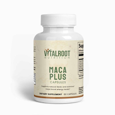 Vital Roots Maca Plus supplement bottle with 60 capsules, supports natural libido, stamina, and energy levels