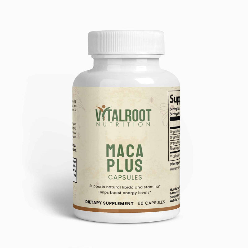Vital Roots Maca Plus supplement bottle with 60 capsules, supports natural libido, stamina, and energy levels