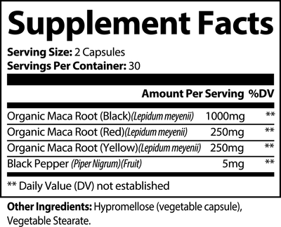 Supplement facts of Vital Roots Maca Plus showing organic maca root (black, red, yellow), and black pepper for natural energy, libido, and stamina support.