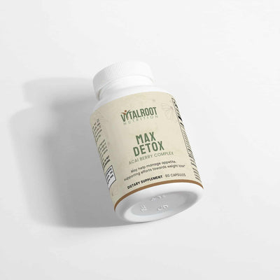 Vital Roots Max Detox bottle angled on side, showing clean label design and detox formula