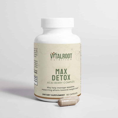 Max Detox Acai Berry Complex by Vital Roots with capsule in front of bottle for digestive and cleanse support