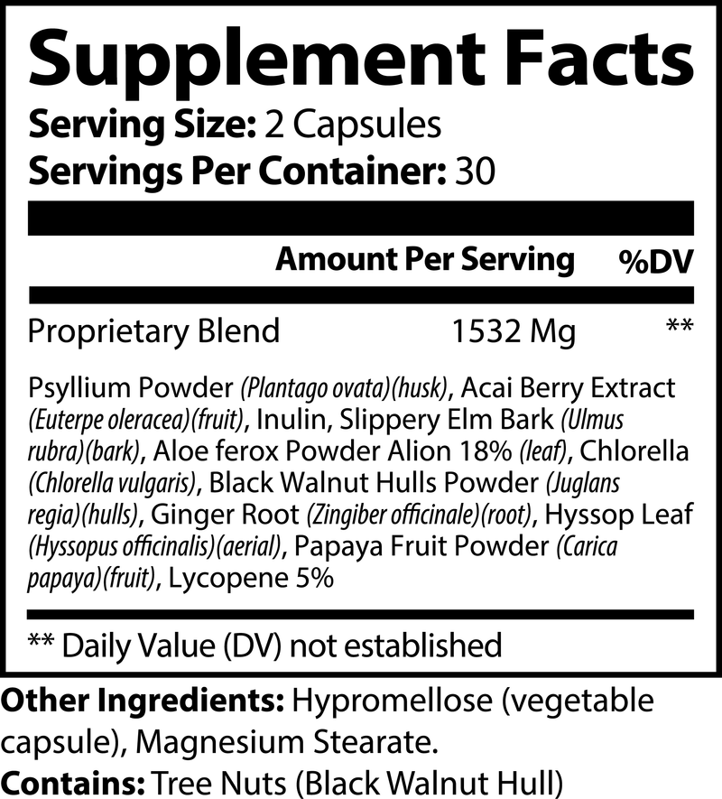 Supplement facts of Vital Roots Max Detox showing psyllium, acai berry, ginger root, aloe, and chlorella