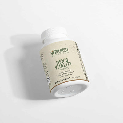 Angled shot of Vital Roots Men’s Vitality bottle showing supplement label and 60 tablet count