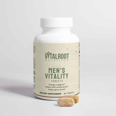 Men’s Vitality dietary supplement with tablets placed in front of Vital Roots bottle for natural drive support