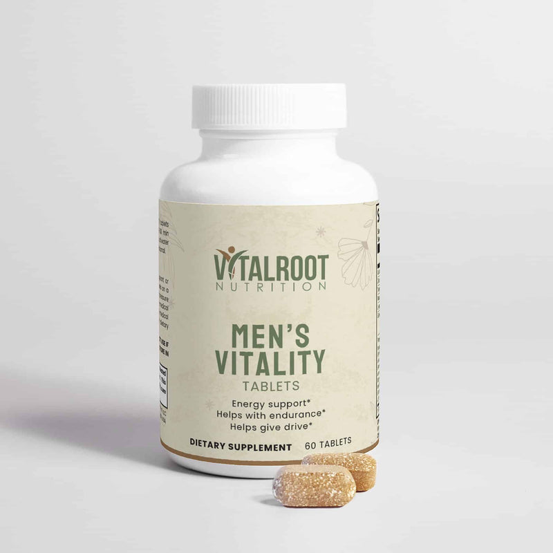 Men’s Vitality dietary supplement with tablets placed in front of Vital Roots bottle for natural drive support