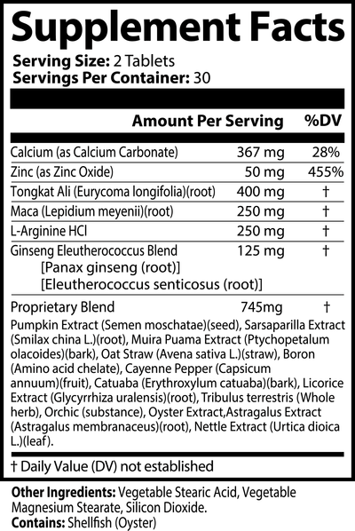Supplement facts label of Vital Roots Men’s Vitality Tablets with zinc, tongkat ali, maca, and herbal blend