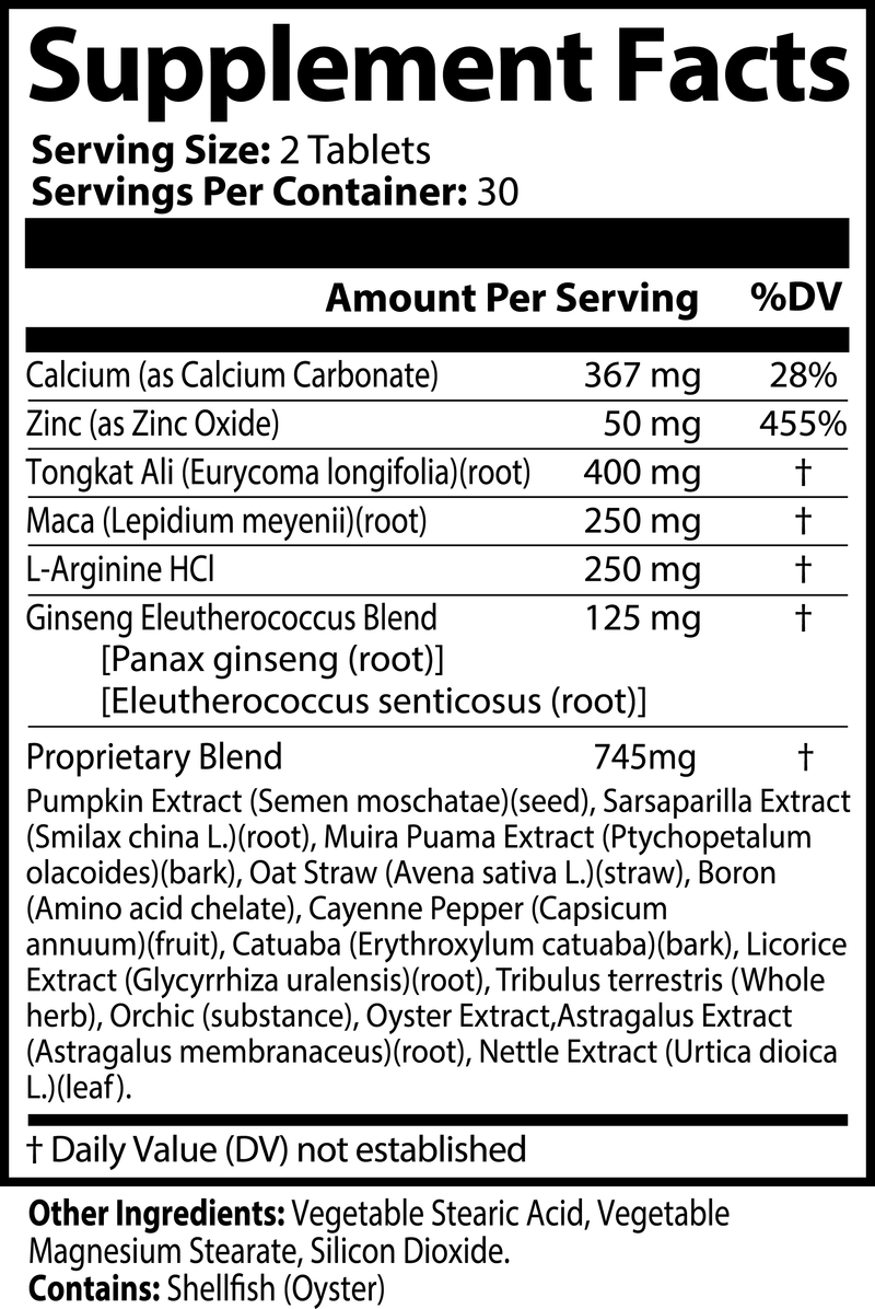 Supplement facts label of Vital Roots Men’s Vitality Tablets with zinc, tongkat ali, maca, and herbal blend