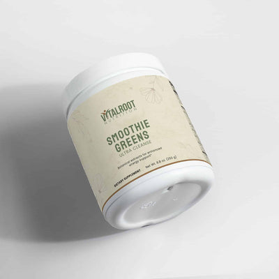 Angled view of Smoothie Greens Ultra Cleanse by Vital Roots, 250g detoxifying superfood powder