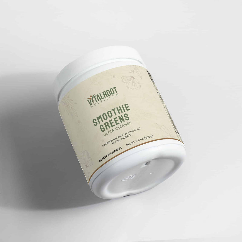 Angled view of Smoothie Greens Ultra Cleanse by Vital Roots, 250g detoxifying superfood powder