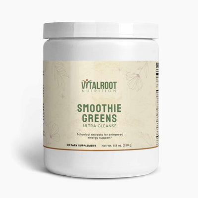 Vital Roots Smoothie Greens Ultra Cleanse powder jar, rich in botanical extracts for energy support
