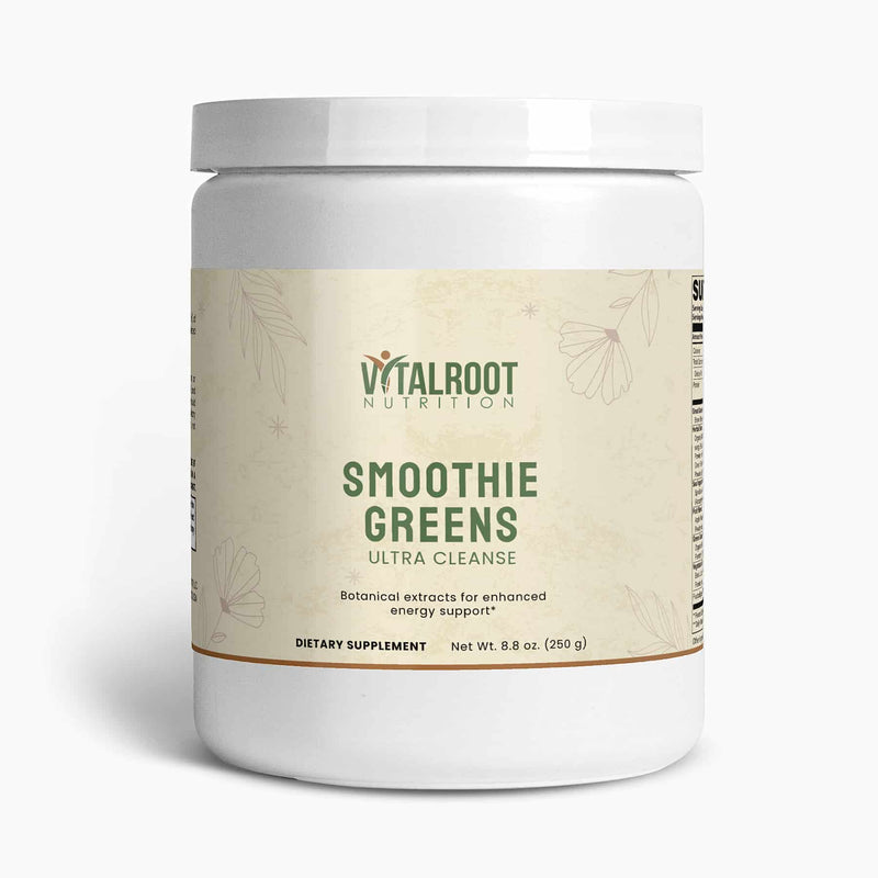 Vital Roots Smoothie Greens Ultra Cleanse powder jar, rich in botanical extracts for energy support
